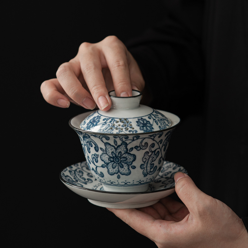 Bát có nắp sứ trắng xanh, bát có nắp tam tài gốm sứ gia dụng trang nhã cổ điển kiểu Trung Quốc, bát trà lớn, Cốc pha trà