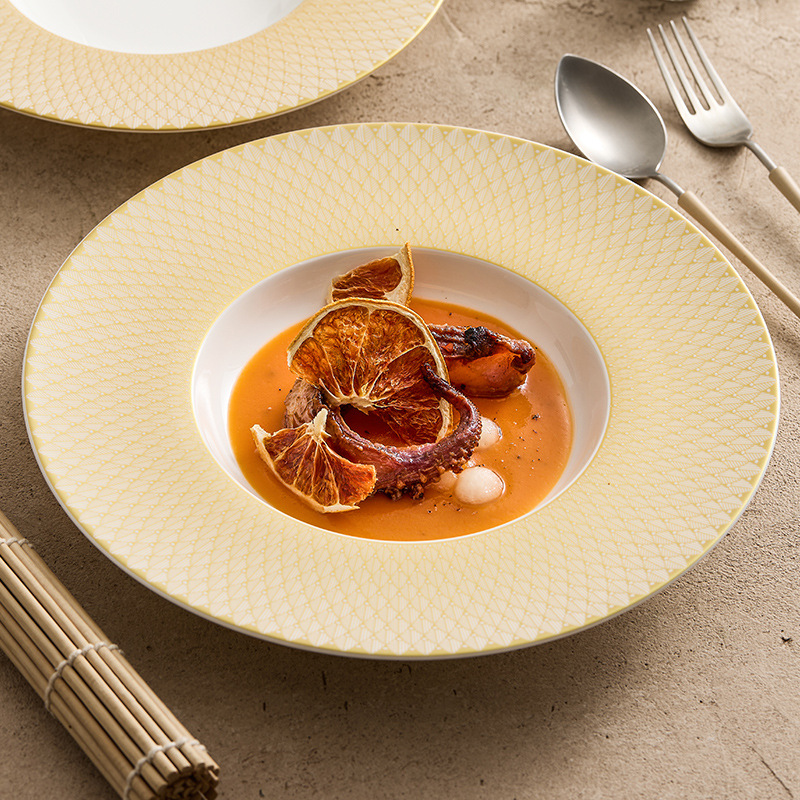 Đĩa mũ rơm gốm vàng Renaissance Đĩa gia dụng Đĩa salad trái cây cao cấp Đĩa ăn phương Tây Đĩa mì Ý nhà hàng