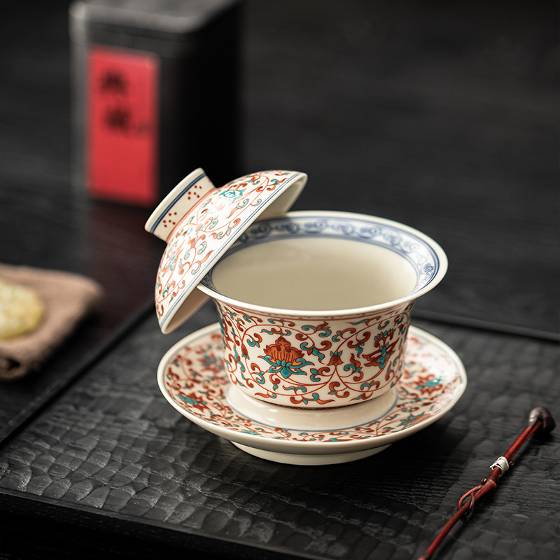 Bộ trà gaiwan treo lớn đơn màu xanh và trắng theo phong cách cổ điển Bộ trà kung fu màu xanh và trắng tại nhà Bát pha trà