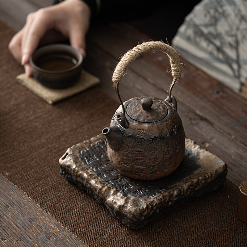 Ấm trà gốm thô mạ vàng kiểu Nhật ấm pha trà bùn đá cũ thủ công ấm trà đơn nhỏ gia dụng dụng cụ pha trà Kung Fu