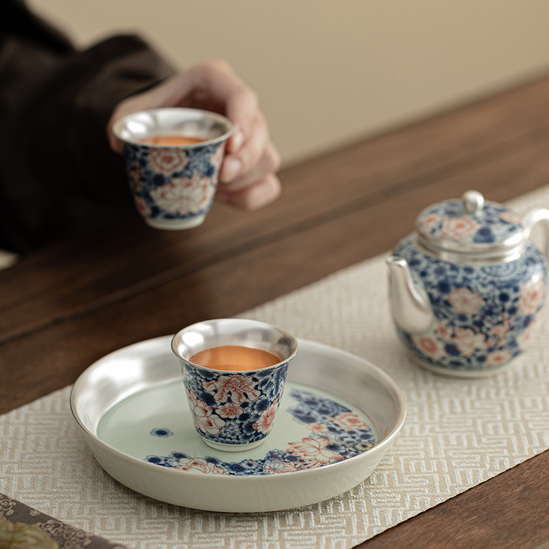 Bộ ấm trà hoa sen xanh trắng mạ bạc bộ ấm trà gốm sứ kiểu Trung Quốc ấm trà bộ trà pha trà tặng quà gia dụng dụng cụ pha trà Kung Fu
