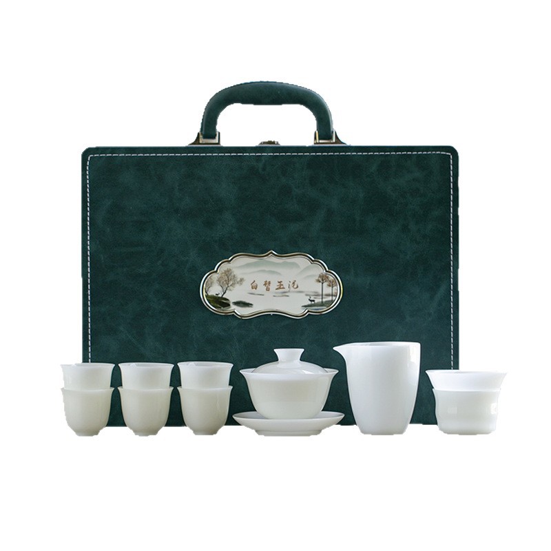 Bộ hộp quà bộ trà sứ trắng ngọc bích Bộ trà cốc có nắp sứ trắng Dehua Bộ trà tặng khách hàng