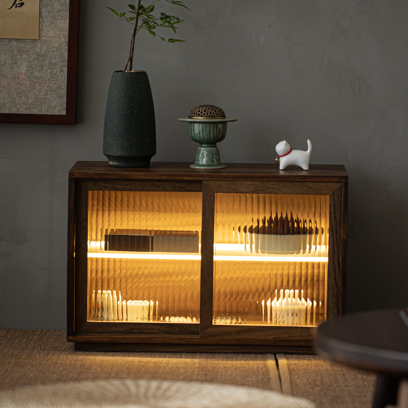 Tủ đựng đồ để bàn gỗ óc chó, đèn cảm ứng, cửa trượt chống bụi, Tủ Đựng Đồ Kiểu Trung Quốc mới, Bộ trà, giá để cốc