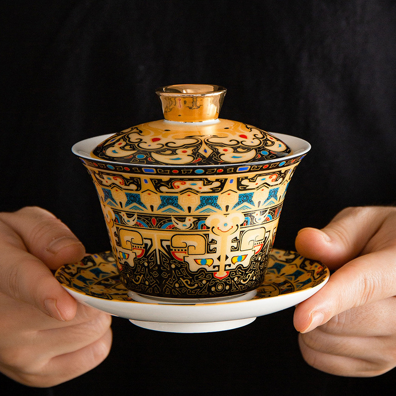 Cốc trà bát nắp tam tài bạc cloisonné bộ ấm trà kungfu mới kiểu Trung Quốc xoay có thể di chuột, bát pha trà cao cấp gia dụng