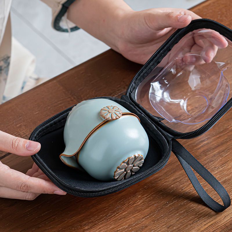 Bộ trà du lịch Ru Kiln túi xách tay bộ nhỏ ấm trà pha trà ngoài trời cốc trà gốm sứ nhanh tay quà tặng