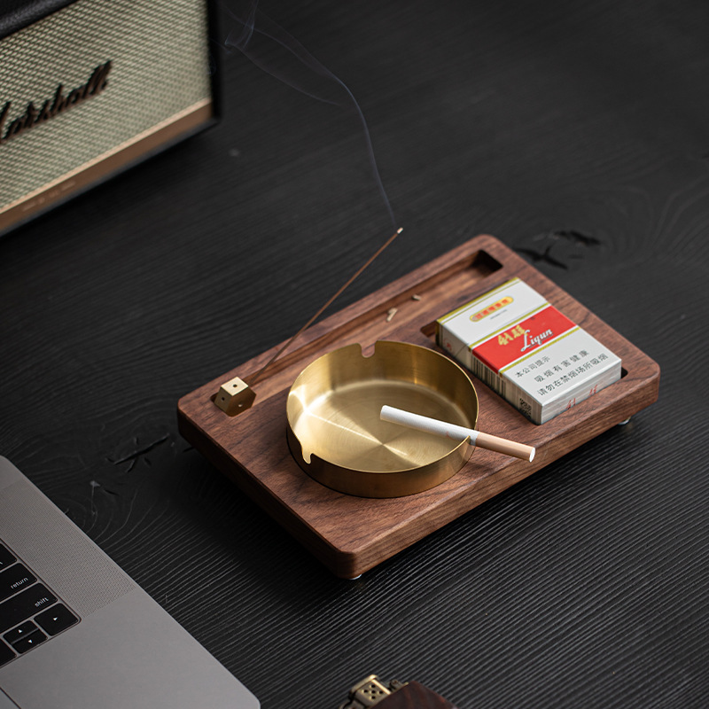 Gạt tàn gỗ óc chó đen kiểu giữa Daantang, đồ trang trí trang trí phụ kiện Bộ trà văn phòng cổ điển có nắp cho gia đình