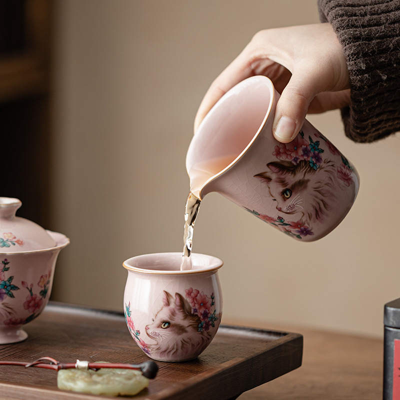Bộ ấm chén uống trà họa tiết mèo Ru Kiln màu hồng, phụ kiện gốm sứ, chén uống trà đơn chống bỏng, chia trà gia dụng.