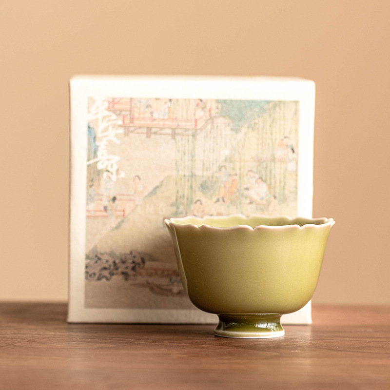 Cốc cánh hoa chân cao lò Yaozhou cốc trà Bộ trà Kung Fu cao cấp gốm sứ đơn cốc trà cá nhân cốc chủ nhân