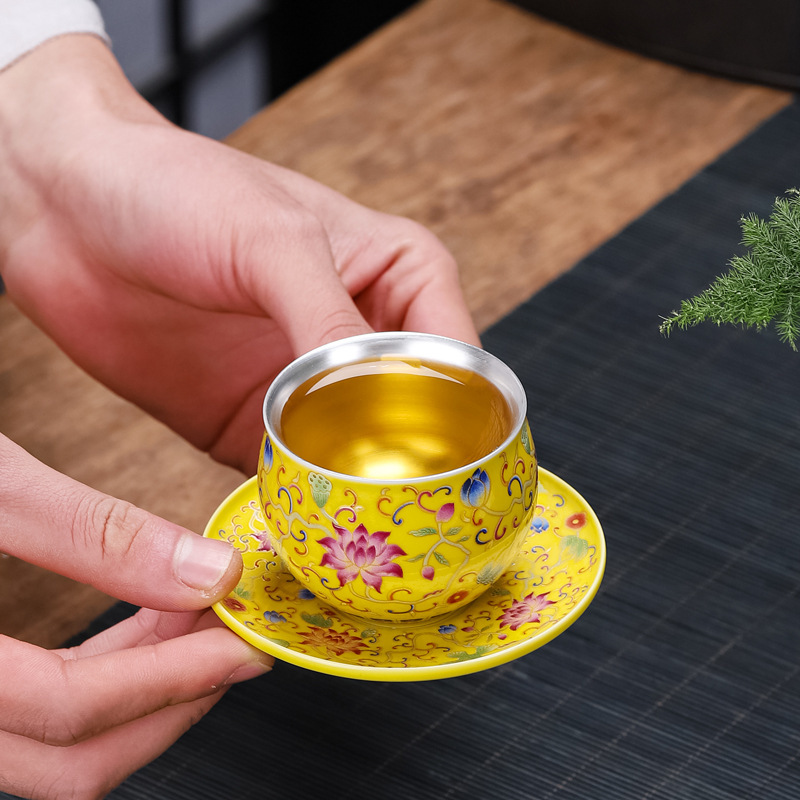 Cốc trà bạc nguyên chất 999 cốc trà men bạc mạ bạc cốc chủ sở hữu cốc đơn bộ trà Kung Fu bộ hộp quà doanh nghiệp