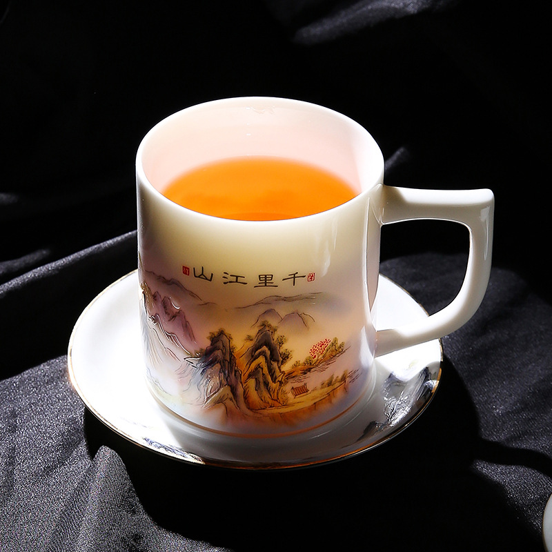 Cốc trà gốm sứ ngọc bích mỡ cừu Hàng Ngàn Dặm Giang Sơn Cốc văn phòng có nắp đế cốc Đức Hoa sứ trắng cốc nước văn phòng
