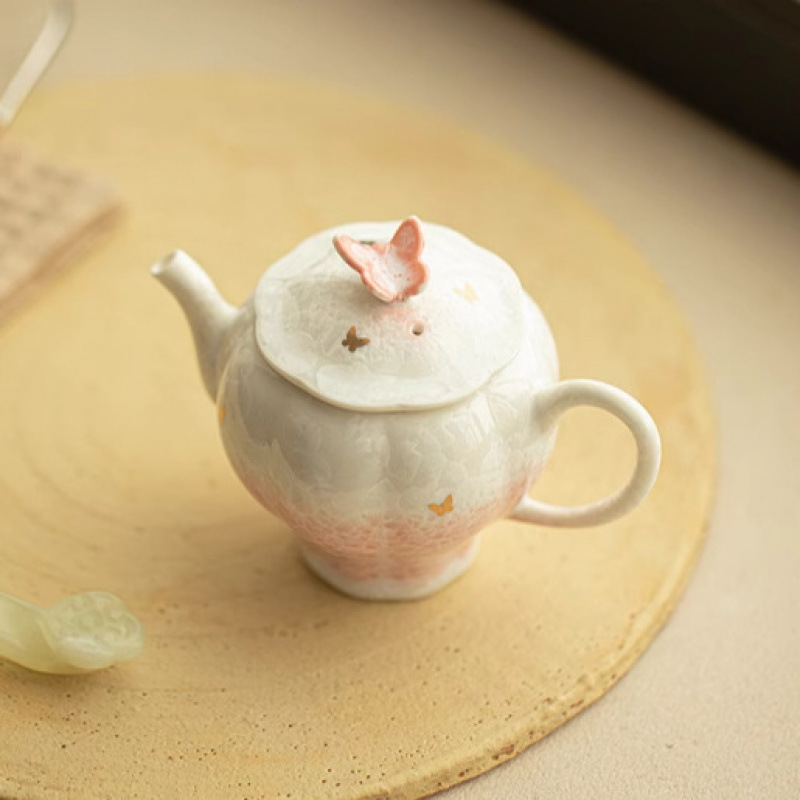 Bộ ấm chén trà gốm sứ cao chân hoa văn hoa băng men pha lê vàng cao cấp, bộ dụng cụ pha trà Kung Fu gia dụng