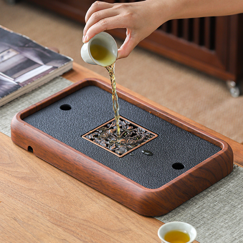 Khay trà gia dụng kiểu Trung Quốc mới khay pha khô bằng đá phiến khay trà gỗ nguyên khối khay trà bộ trà kungfu thoát nước