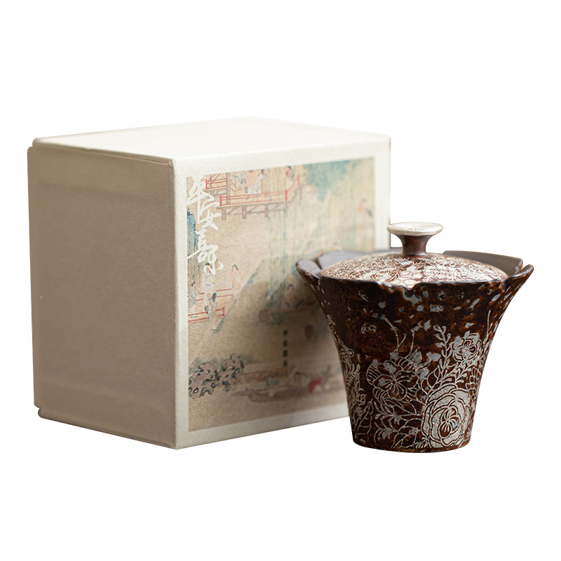 Bát có nắp miệng hoa mạ bạc, bát có nắp hai bằng gốm thô, bát pha trà cỡ nhỏ, tách trà, Bộ trà Kung Fu, dụng cụ pha trà đơn