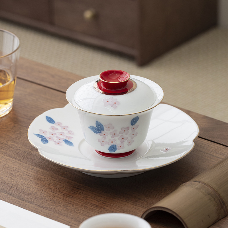 Bát có nắp màu tráng men vẽ tay, dụng cụ pha trà đơn hoa cẩm tú cầu, dụng cụ pha trà Kung Fu nữ cao cấp gia dụng, bát pha trà gốm sứ