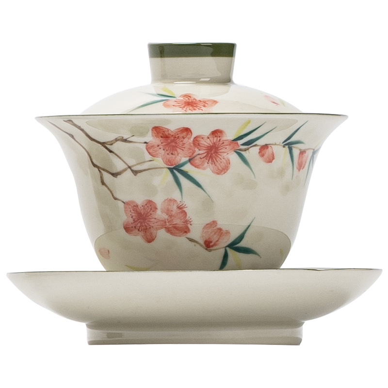 Cốc trà tam tài hoa đào vẽ tay cốc trà bộ trà kungfu cao cấp đồ pha trà gia dụng gốm sứ Trung Quốc bát trà