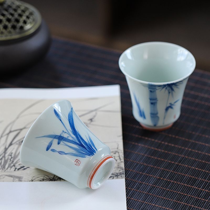 Cốc chủ nhân cỡ lớn vẽ tay cổ điển cốc trà Kung Fu cốc nước gốm sứ tráng men màu Trung Quốc cốc trà sứ trắng xanh cốc trà