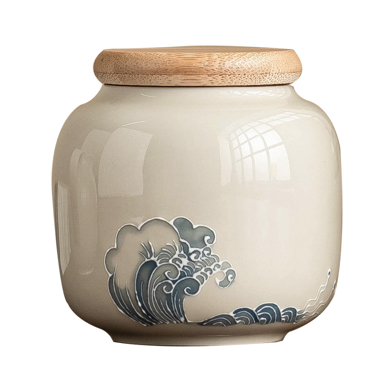 Tọc vẽ tay, bình trà sóng chạm khắc, bình kín, bình đựng trà xanh trà Pu'er gia dụng gốm sứ, bình đựng trà