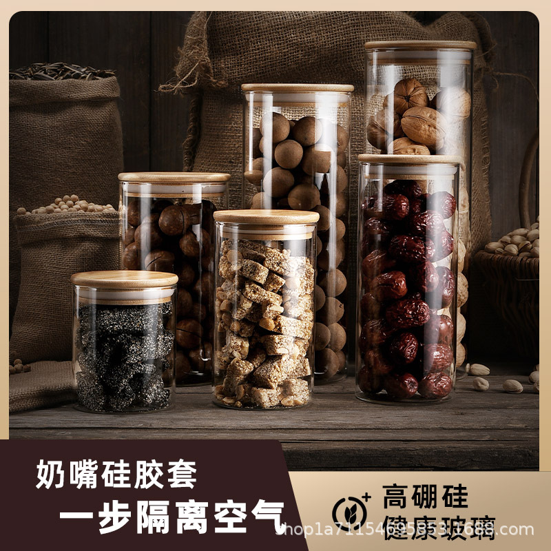 Lọ kín nắp tre thủy tinh, lọ đựng đồ gia dụng có nắp, lọ đựng trà cấp thực phẩm, lọ bảo quản