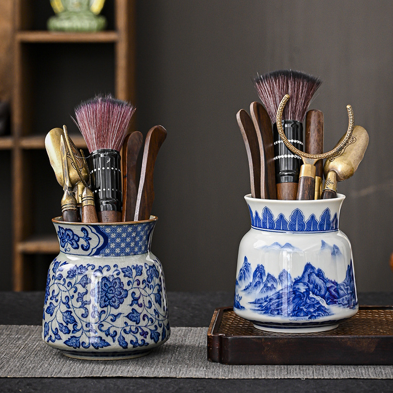 Trà đạo sứ trắng xanh sáu quý ông bộ dụng cụ trà Kung Fu phụ kiện bộ tranh phong cảnh dụng cụ pha trà gốm sứ kẹp dao pha trà