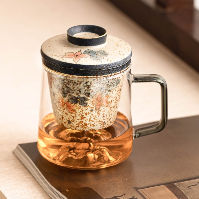 Cốc trà thủy tinh đỏ lục lam trắng, cốc tách nước trà, cốc văn phòng thêu vàng hoa cẩm tú cầu mây, cốc retro cao cấp