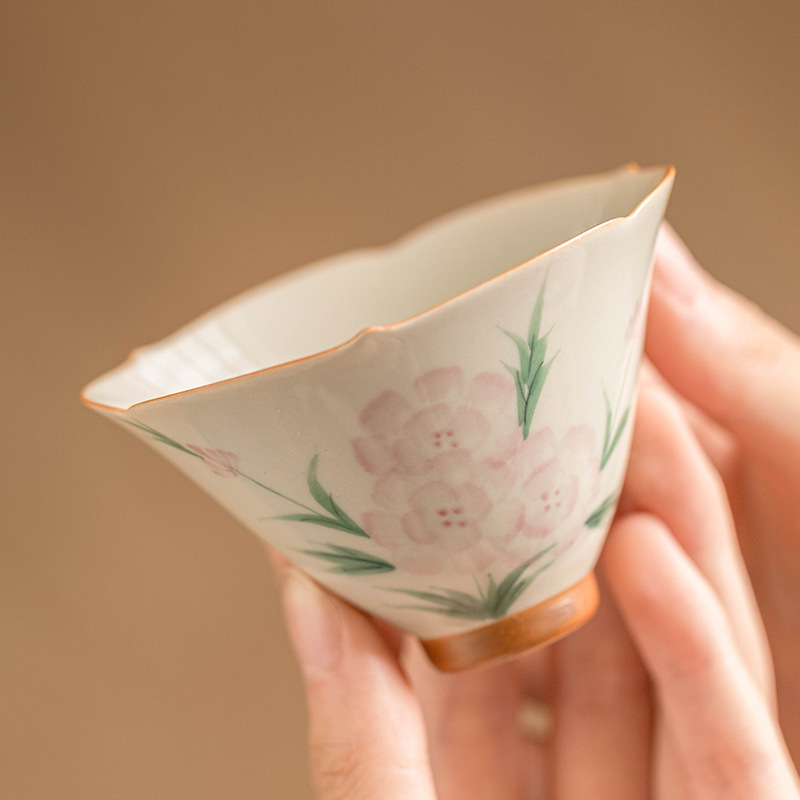 Cốc xô hoa đá vẽ tay cốc trà cốc chủ nhân pha trà Kung Fu Trung Quốc cốc đơn bộ trà gốm sứ cao cấp cốc trà