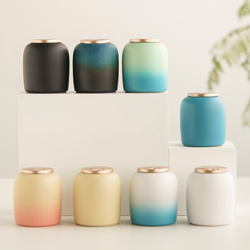 Hộp đựng trà gradient, hộp gốm, hộp đựng trà nhỏ Pu'er đỏ xanh trắng, bao bì Long Tỉnh, hộp đựng bột thơm kín, logo