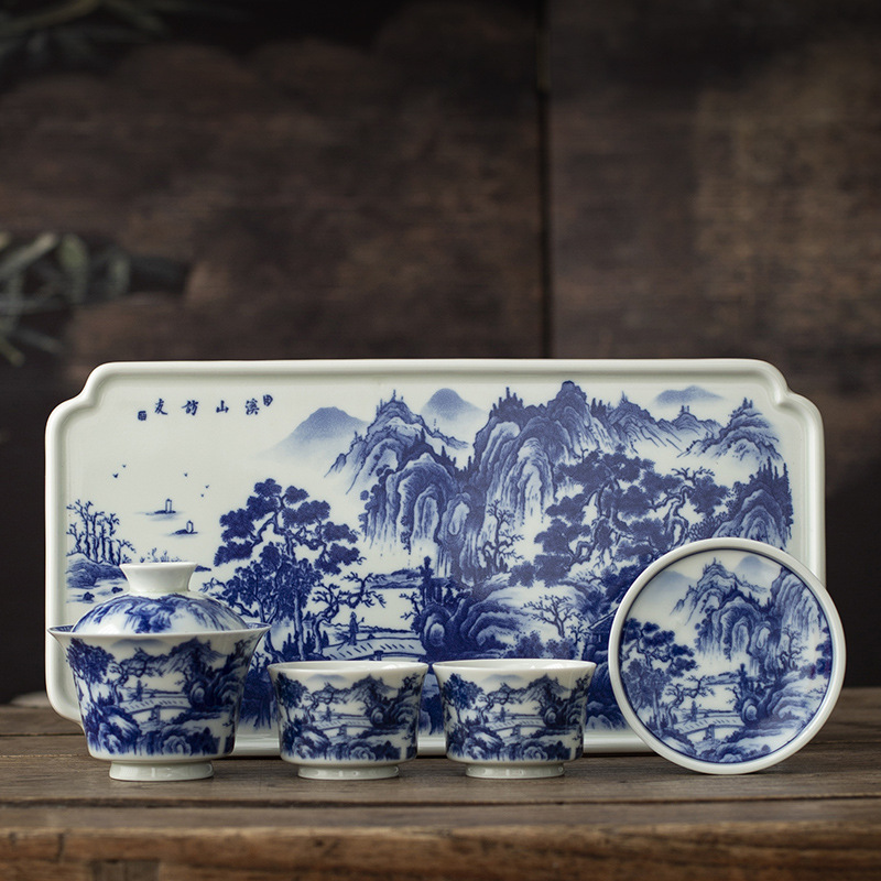 Jingdezhen tráng men màu retro màu xanh và trắng bát nắp phong cảnh cốc trà bộ trà Kung Fu cao cấp dụng cụ trà gốm sứ khay pha khô