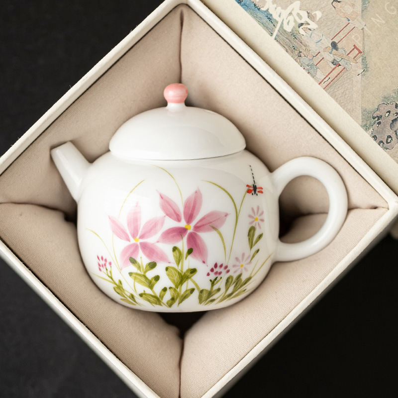Ấm trà nhỏ bằng gốm sứ tinh tế, ấm trà gia dụng có giá trị cao, ấm trà đơn lọc chuồn chuồn hoa cúc vẽ tay, bộ trà Kung Fu đơn