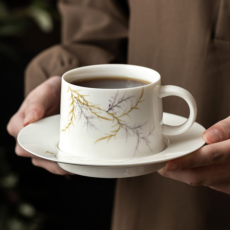 Cốc cà phê hoa tử đằng vẽ tay cốc trà chiều tinh tế cốc gốm sứ phong cách Trung Quốc gia dụng cốc nước bộ cốc đĩa