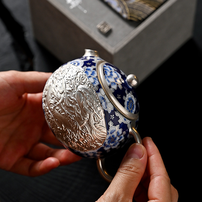 He Fusen Pure Silver Pot Longfeng XiShi Ấm trà trắng xanh nổi thủ công Bộ trà Kung Fu mạ bạc Ấm pha trà gia dụng