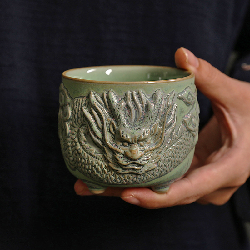 Chen Weichun đã xây dựng một tách trà rồng và phượng phù điêu Thiên mục Yao thay đổi tách trà thủ công cốc chủ sở hữu cốc cặp cốc hộp quà