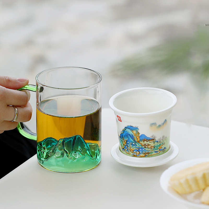 Cốc văn phòng kính Qianli Jiangshan cốc nước cá nhân gia dụng cốc tách nước trà cốc văn phòng cốc lọc dung tích lớn