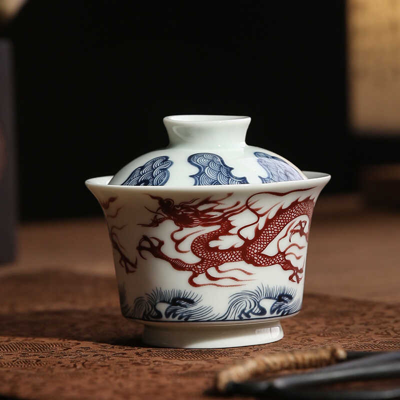 Bát có nắp hình rồng màu xanh và trắng bát hai tài phong cách Trung Quốc cổ điển Jingde bát có nắp hình móng ngựa gia dụng gốm sứ dụng cụ pha trà Kung Fu