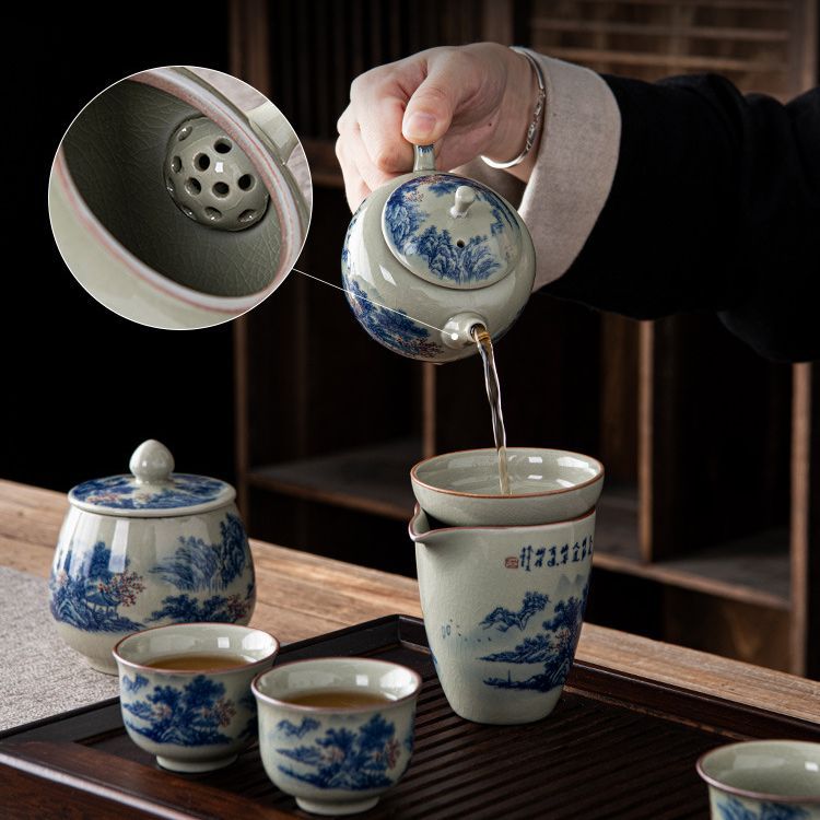 Bộ ấm trà Ru Kiln Thousand Miles Giang Sơn gia dụng cao cấp nắp bát gốm văn phòng uống trà Ấm pha trà Kung Fu tách trà
