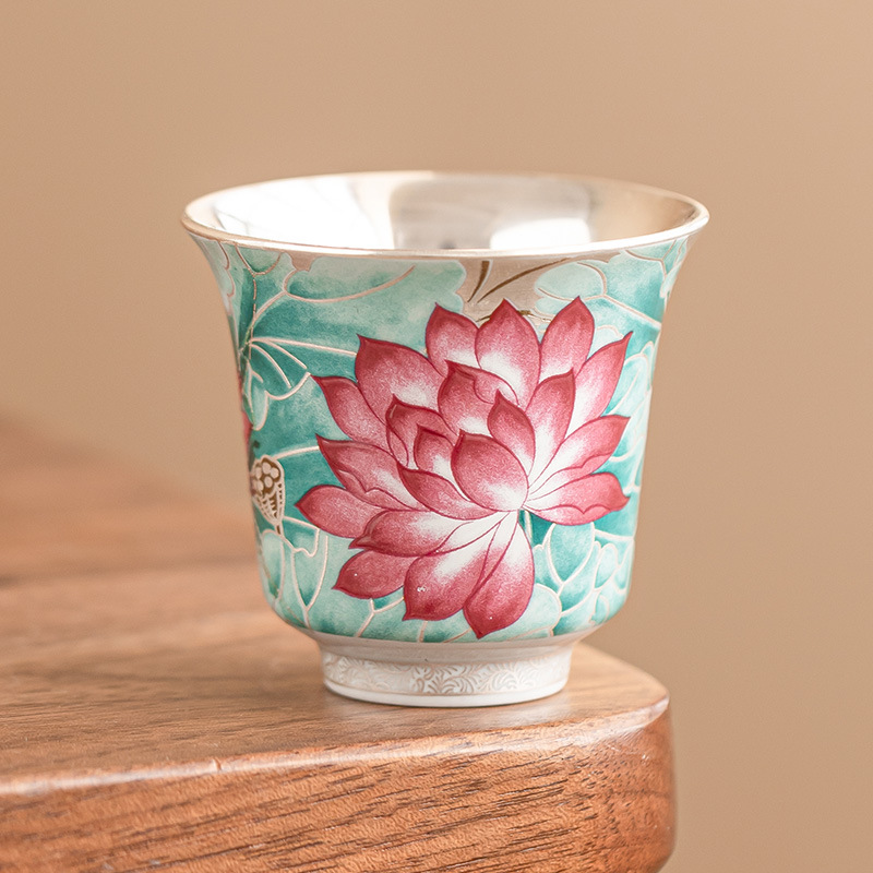 Cốc trà gốm sứ ánh trăng ao sen bộ trà bạc mạ 999 sang trọng nhẹ kiểu Trung Quốc cốc chủ nhân chuyên dùng uống trà cốc trà đơn