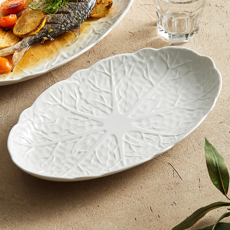 Đĩa cá hấp hình oval, đĩa cá gốm sứ dùng trong gia đình, mẫu mới 2025, phong cách nhẹ nhàng sang trọng, cao cấp, thiết kế sáng tạo Nhật Bản, họa tiết bắp cải nổi.