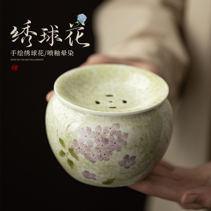 Hoa cẩm tú cầu vẽ tay hộp quà Jianshui gốm sứ gia dụng thùng đựng bã trà thùng đựng nước rửa trà kiểu Trung Quốc phụ kiện trà đạo