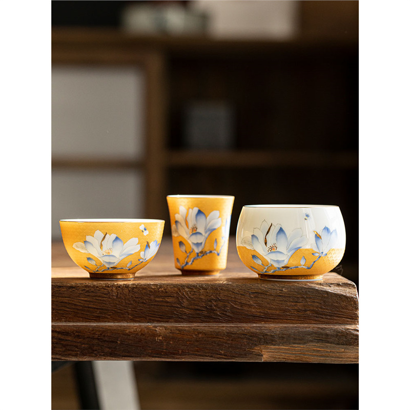 Cốc chủ nhân ngọc bích mỡ cừu sơn vàng cốc đơn gốm sứ nữ sứ trắng gia dụng cốc uống trà cốc trà cá nhân