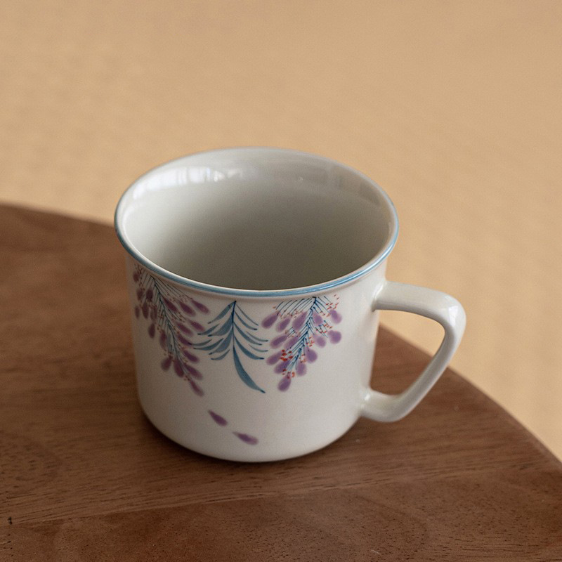 Cốc hoa tử đằng vẽ tay cốc cá nhân cốc trà gốm sứ màu xám thực vật tráng men cốc uống nước cốc tay cầm cốc chủ nhân
