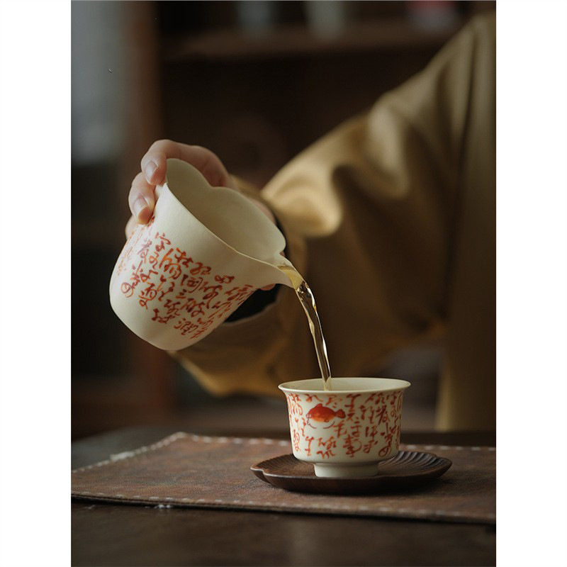 Cốc công bằng cổ điển tráng men soda, đồ uống trà phân chia thơ trắng xanh, cốc đồng nhất gia dụng, phụ kiện cốc đồng nhất miệng hoa gốm thủ công