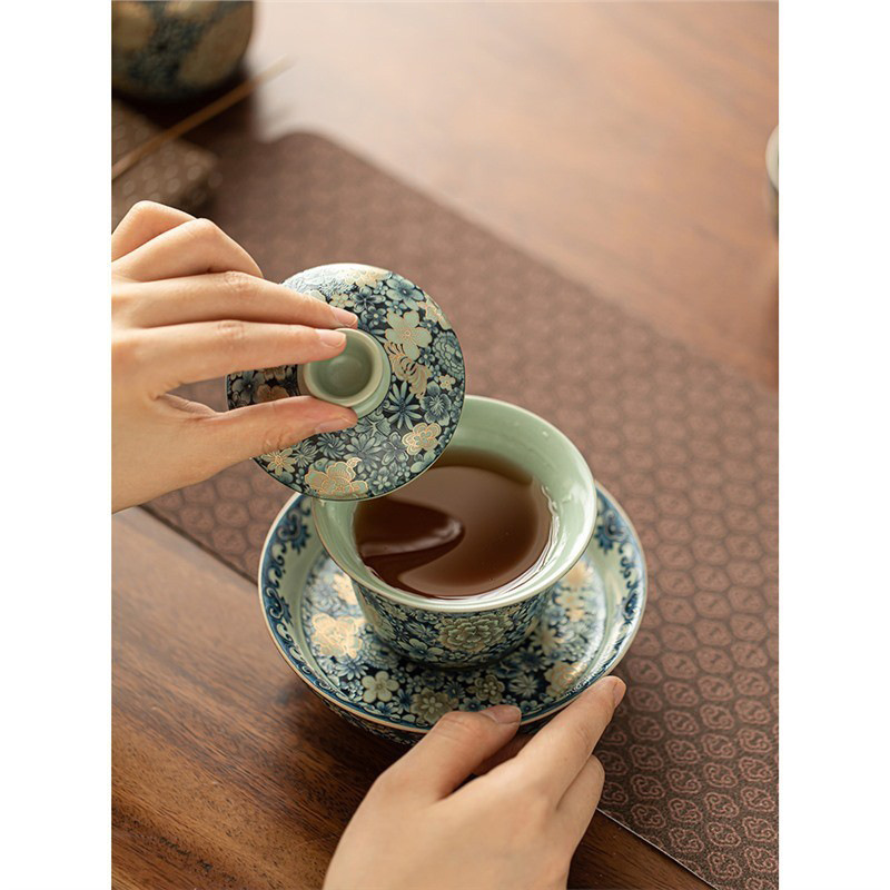 Bát có nắp ba tài hoa Ru Lò gốm gia dụng cao chân kiểu Trung Quốc cổ điển bàn pha trà phục vụ bát trà Kung Fu bộ trà bán buôn