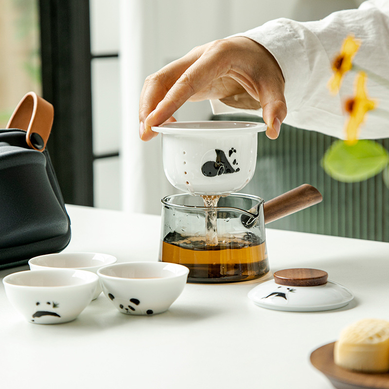 Bộ ấm trà du lịch bằng thủy tinh, cốc khách nhanh bằng gốm sứ gấu trúc vẽ tay, một ấm ba cốc, cốc pha trà tiện lợi ngoài trời