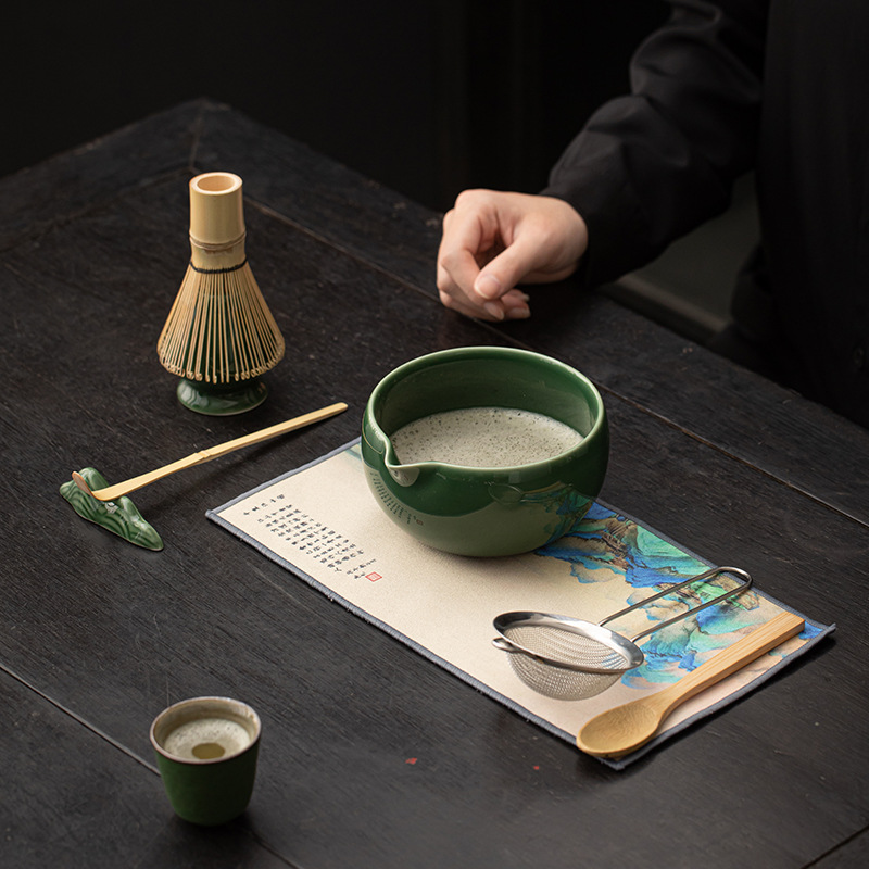 Bộ tám món matcha màu xanh lá cây mô phỏng đồ uống trà gốm sứ nhà Tống, bát trà Baixi matcha, bình trà, bộ lọc đứng, phụ kiện bộ trà