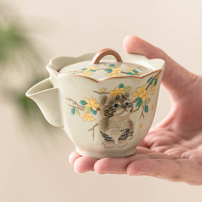 Ấm trà lò Ru Mèo Dễ Thương Hoa vàng vẽ tay ấm đơn Bộ trà Kung Fu cao cấp Trung Quốc ấm trà cầm tay gia dụng có thể mở