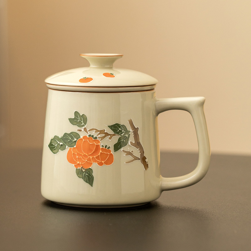 Cốc cốc vẽ tay chạm khắc hồng hồng Ruyi cốc đựng nước gốm sứ gia dụng dung tích lớn có nắp cốc tách trà