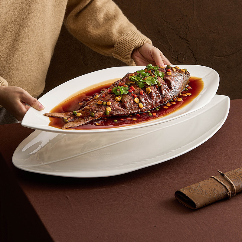 Đĩa cá gốm sứ Shangpin Đĩa cá hấp gia dụng Đĩa bộ đồ ăn khách sạn sáng tạo cảm giác cao cấp Đĩa món ăn Đĩa lá liễu