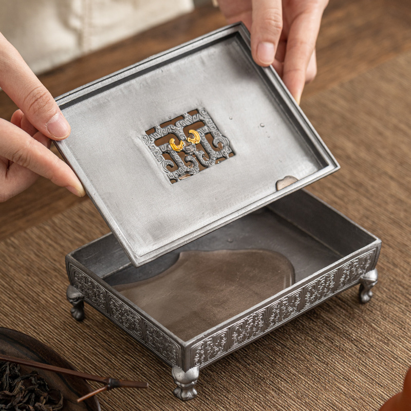 Ấm thiếc cũ mang phong cách Trung Quốc xây nước giả cổ Bộ ấm trà Kung Fu cũ Khay trà bàn ủ khô bàn nâng ấm trà khay đựng nước