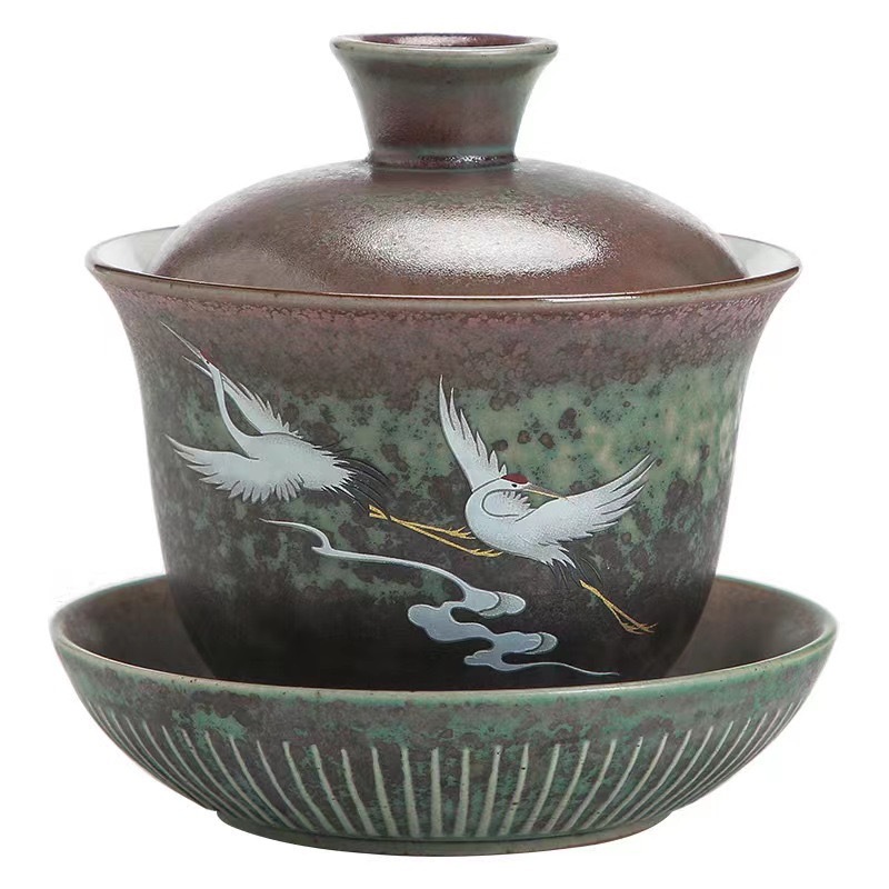 Bát có nắp tam tài gốm sứ đổi màu kiểu Nhật Bộ trà Kung Fu dụng cụ pha trà gia dụng Bát trà lớn hình hạc sáng tạo