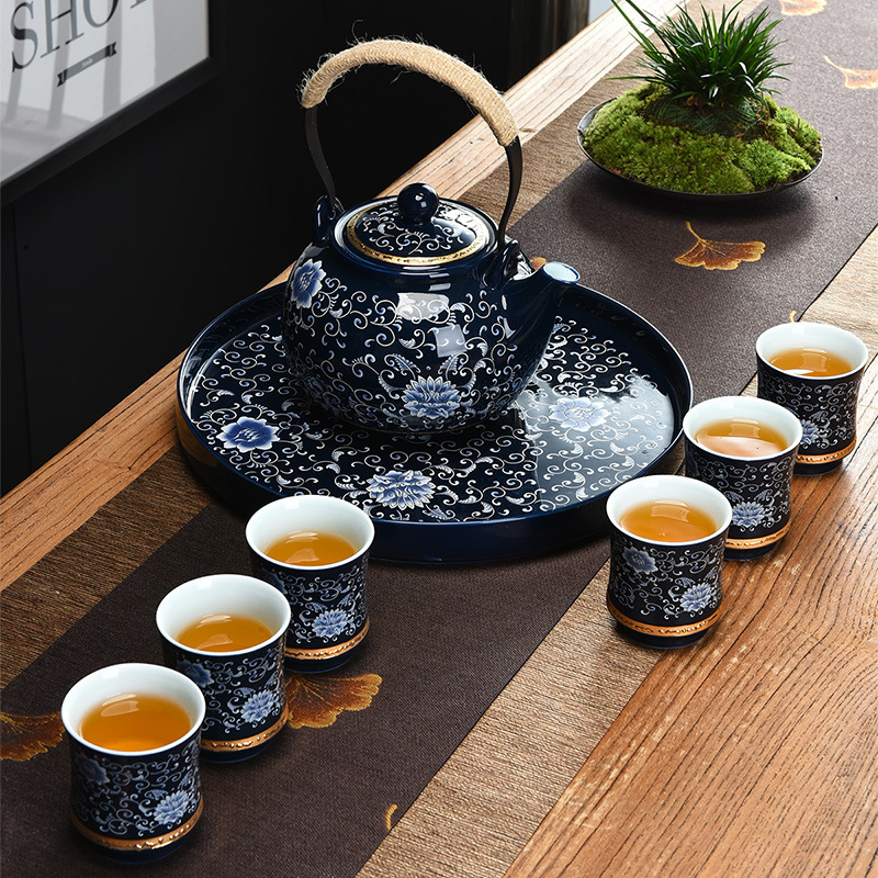 Bộ dụng cụ pha trà Jingdezhen bình đựng xà gốm sứ cao cấp sang trọng nhẹ ấm trà chiều dung tích lớn khay đựng cốc trà trọn bộ