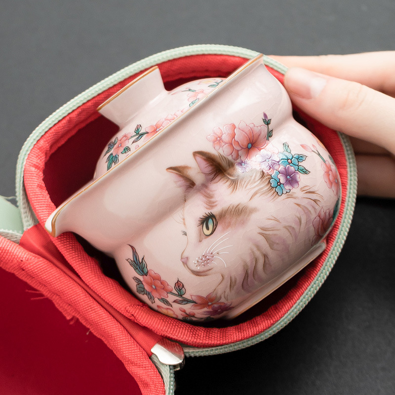 Jisu Ru lò hoa mèo nhanh tách trà Fulu một ấm hai cốc bộ trà du lịch gốm sứ túi xách đi chơi một người uống